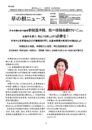 トップページ｜日本沖縄の宝の議席参院選沖縄、統一候補糸数けいこさん-全国的支援で、何としても押し上げて必勝を！